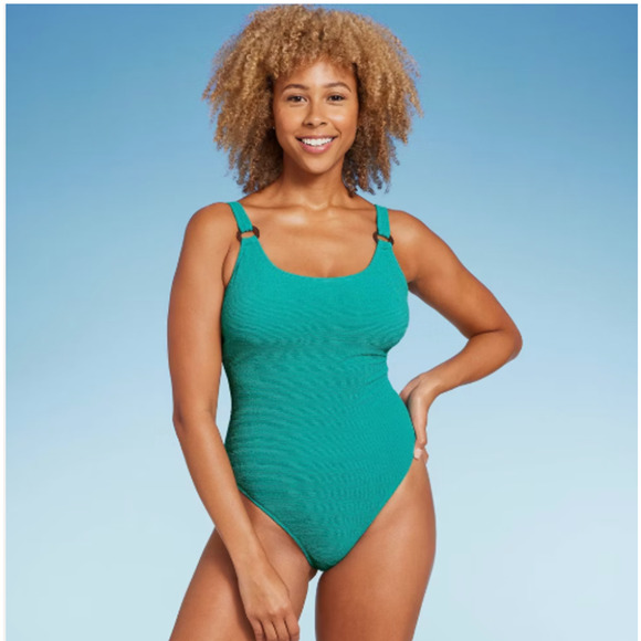 Shade & Shore Pucker Textured High Leg One Piece Swimsuit Med 8-10 NWT Reg $40 - Picture 1 of 10